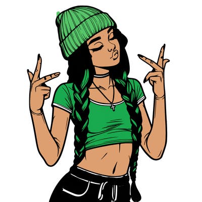 realistic teenage girl with braids and a beanie and crop top doing 🫶🏼