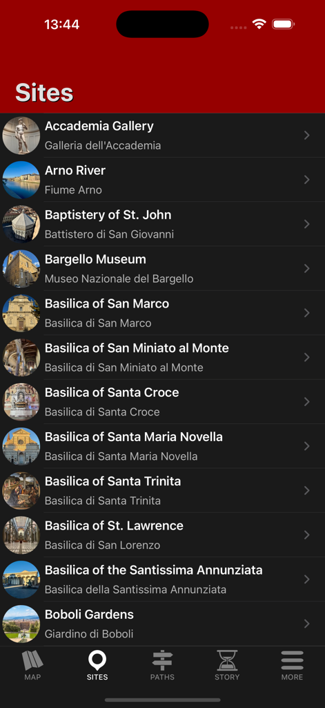 Florence Tour - Travel Guide - Una lista de menú de los principales sitios turísticos y museos de Florencia dentro de la interfaz de la aplicación de guía de viaje