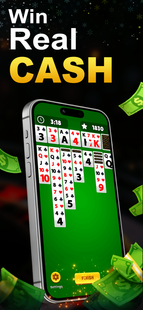 Solitaire Legends - Win Cash - Smartphone screen showing Solitaire Legends gameplay with Win Real Cash text and flying money graphics.