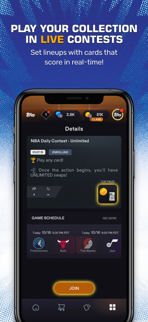 Tela do aplicativo NBA Collect by Topps mostrando concursos diários ao vivo e calendário de jogos