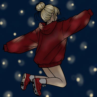 realistic girl jumping with a bun and oversized sweatshirt