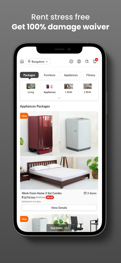 Rentomojoモバイルアプリインターフェース、家電パッケージとホーム家具レンタルオプション、月額価格を表示