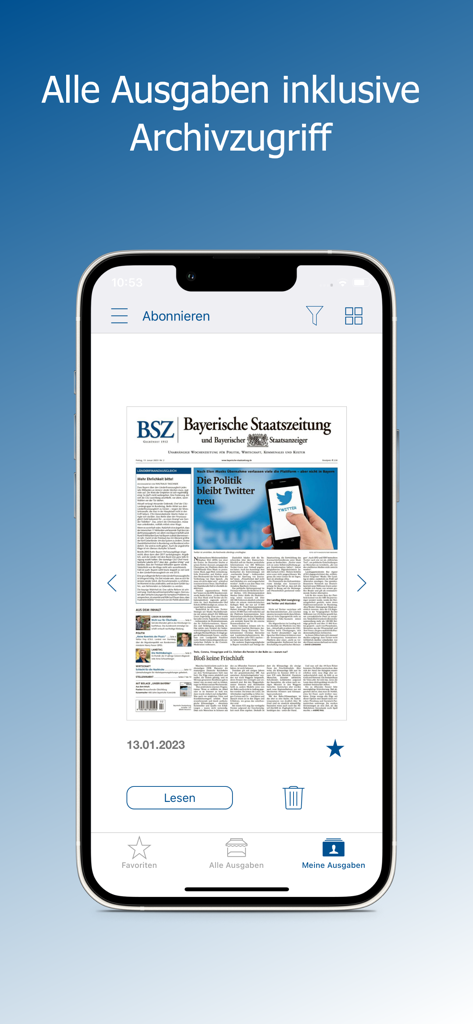 BSZ ePaper mobile app zeigt eine archivierte Zeitungsausgabe auf einem Smartphone-Bildschirm