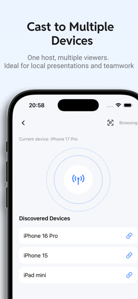 CamScreen: Photo Monitor - CamScreenアプリのインターフェース。マルチデバイス画面キャストのために検出されたデバイスのリストを表示