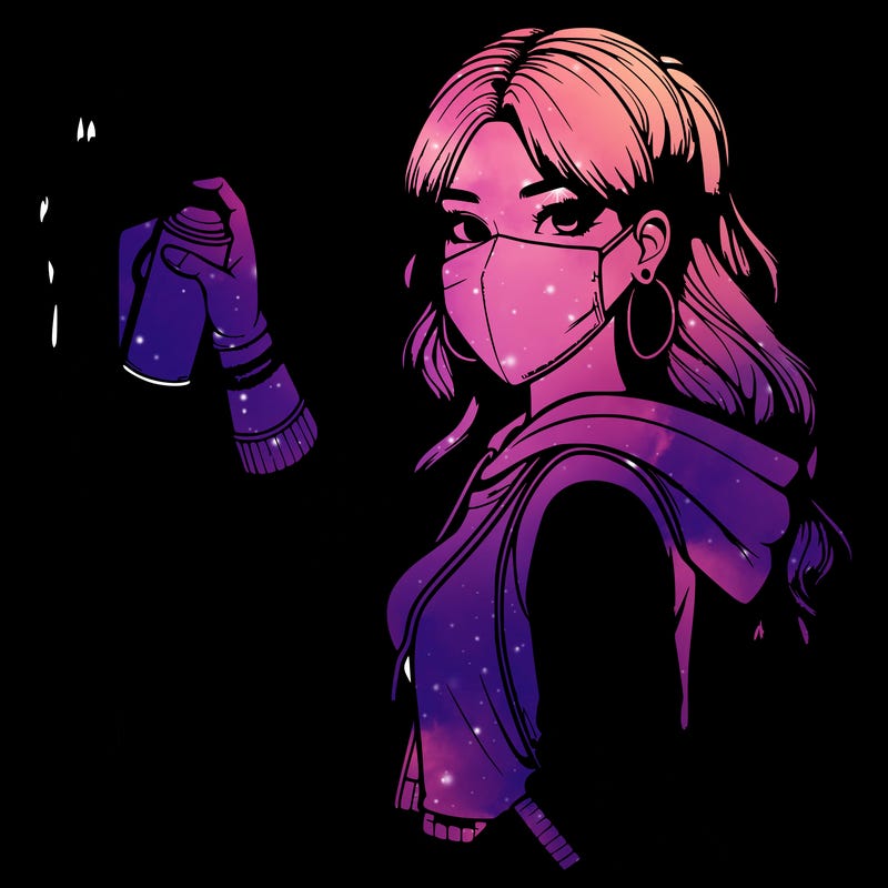 realistic girl with mask spray painting a wall