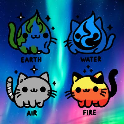 4 cats that represent the different elements, earth, water, air, and fire