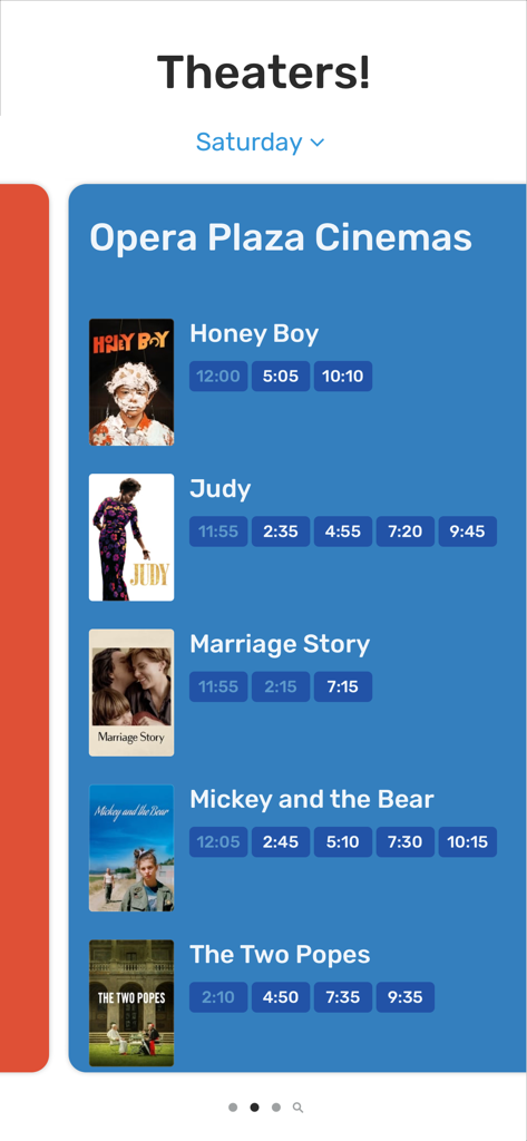 Showings — movie times & more - Bildschirm der mobilen App, der eine Liste von Filmen und Spielzeiten für ein Kino zeigt