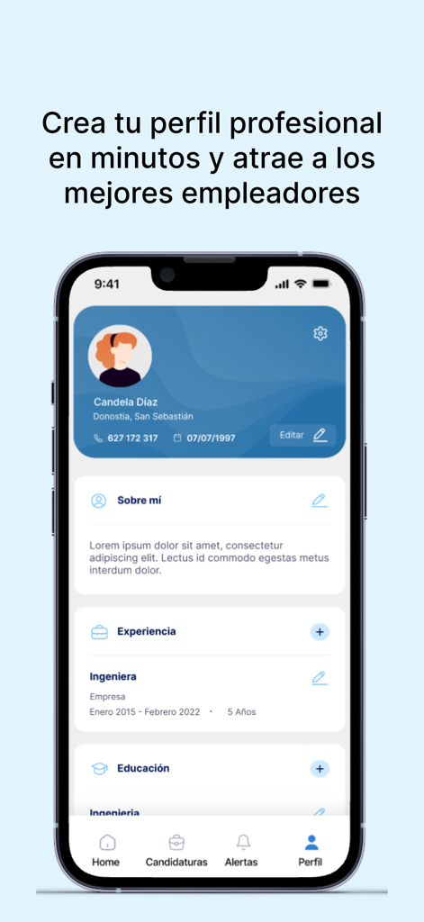 Trabajos.com - Interfaz de la aplicación móvil para crear un perfil profesional en Trabajos.com para atraer empleadores.