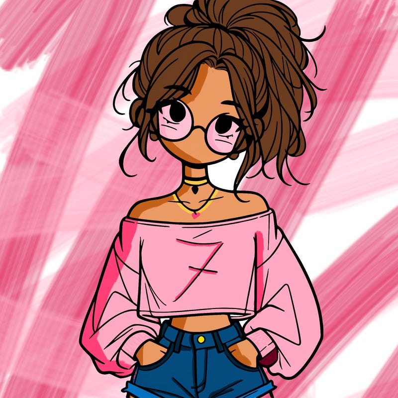 girl with a messy ponytail glasses a baggy crop top and jean shorts