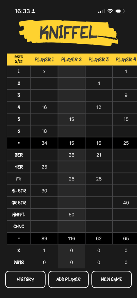 Kniffel - Digital score sheet for the game Kniffel in dark mode showing points for four players