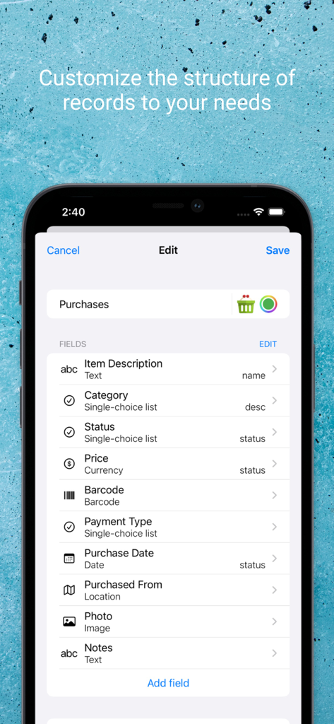 Memento Database - Mobile app screen showing how to customize record fields for a purchase database including price and barcode