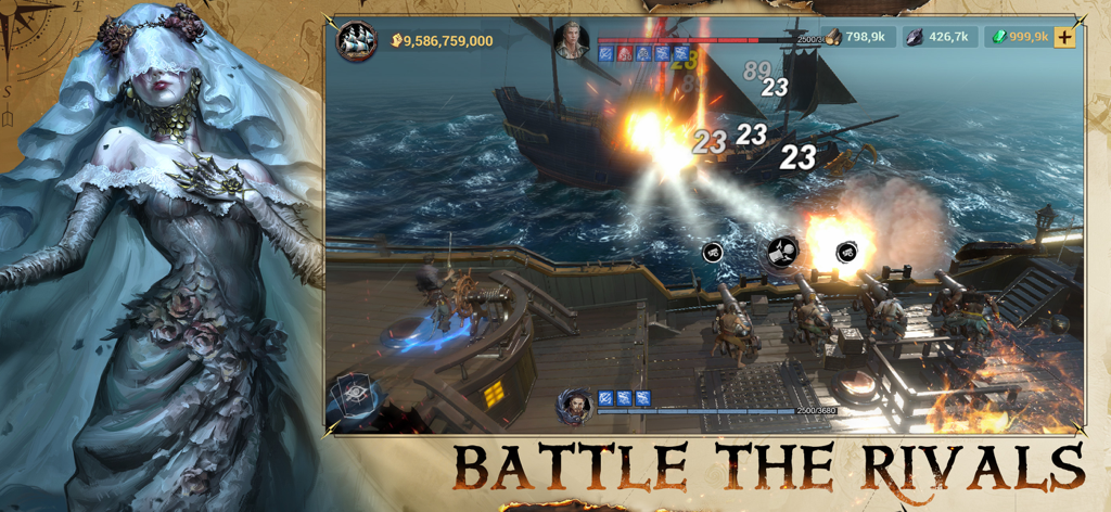 Naval combat scene in Sea of Conquest Pirate War with cannons firing at a rival ship and a ghostly character in the foreground