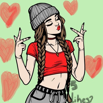 realistic teenage girl with braids and a beanie and crop top doing 🫶🏼