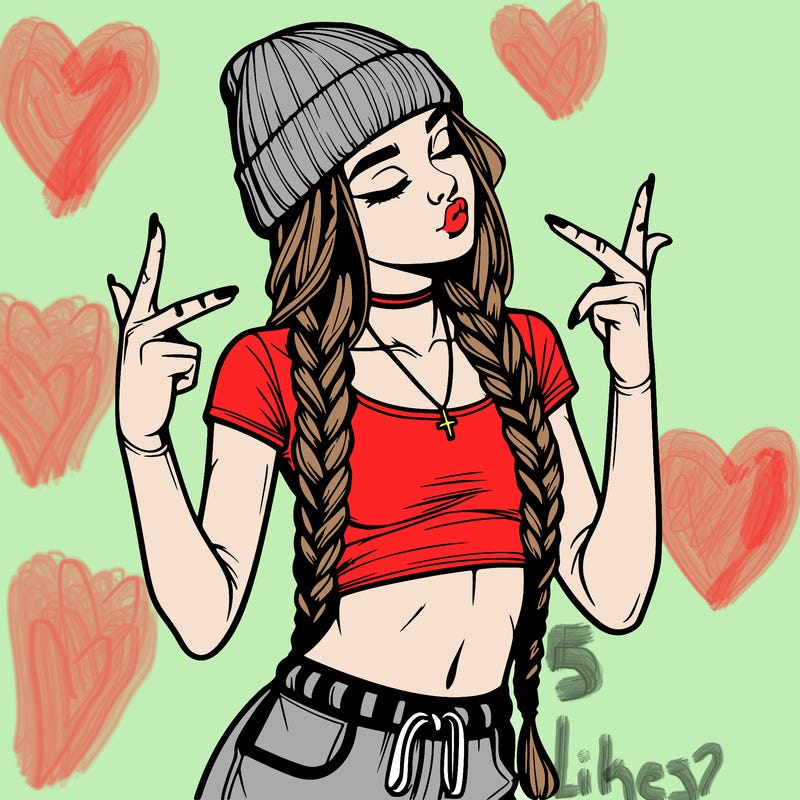 realistic teenage girl with braids and a beanie and crop top doing 🫶🏼