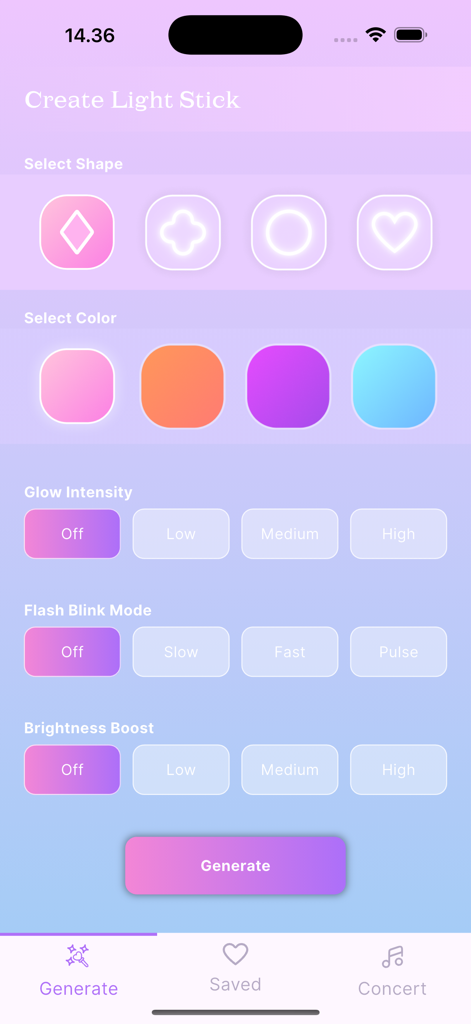 Light Stick Creator - Interface of Light Stick Creator app showing options for shapes colors and glow intensity