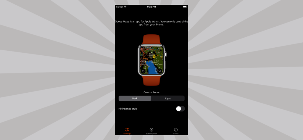 Goose Maps for Watch - Settings interface of Goose Maps on iPhone showing map style options for Apple Watch