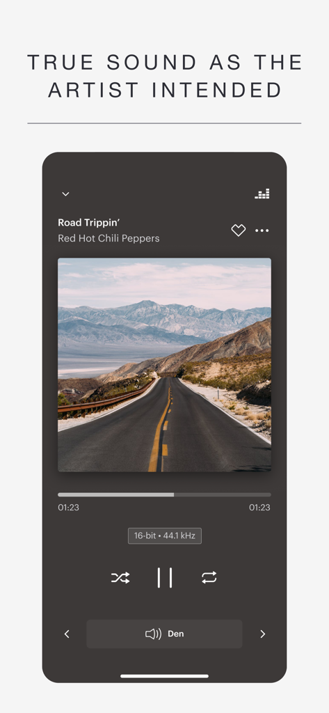 Music | Bowers & Wilkins - Bowers and Wilkins Music App Wiedergabebildschirm mit Steuerelementen für hochauflösende Wiedergabe