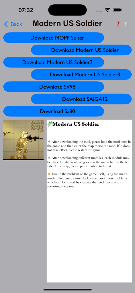Interface for downloading modern US soldier and weapon mods for melon playground