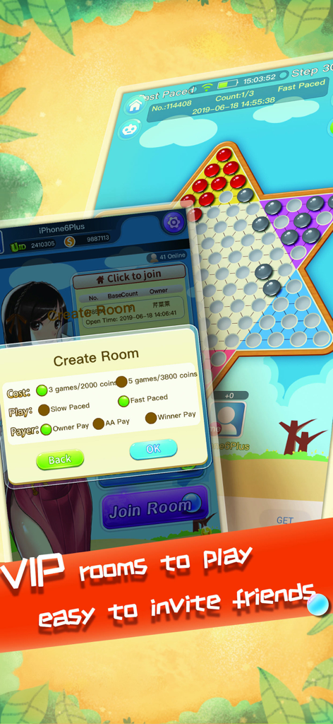 Chinese Checkers HD - Pantalla que muestra el menú de creación de salas VIP en Damas Chinas HD para jugar con amigos.