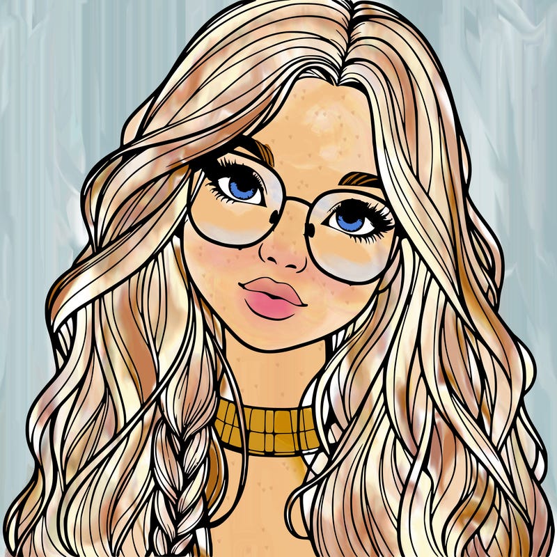 girl with long hair and freckles and glasses realistic