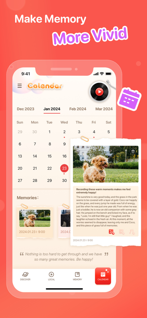 The Bubble Player app interface showing a calendar view and a multimedia diary entry with a dog photo