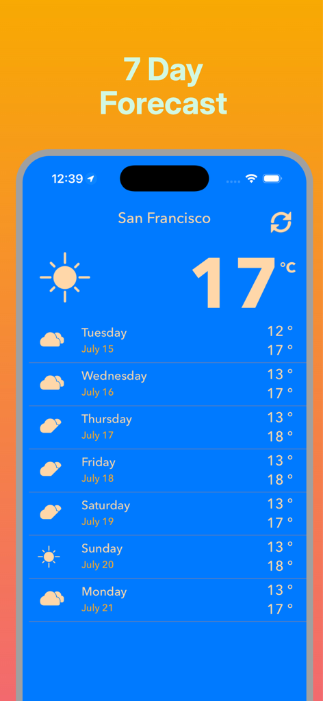 Thunderstorm-Local Weather - Smartphone screen showing a seven day weather forecast for San Francisco with daily high and low temperatures