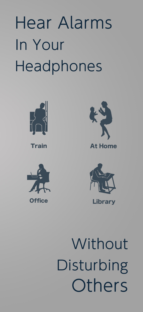 Grafik mit Anwendungsfällen für die Kopfhörer-Wecker-App in Zügen, Häusern, Büros und Bibliotheken