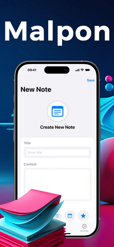 Interface of the Malpon QuickNotes app showing the screen to create a new note with title and content fields