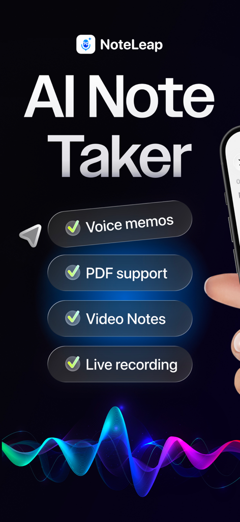 Interfaz de la aplicación Noteleap AI que destaca funciones como notas de voz, soporte de PDF, notas de video y grabación en vivo