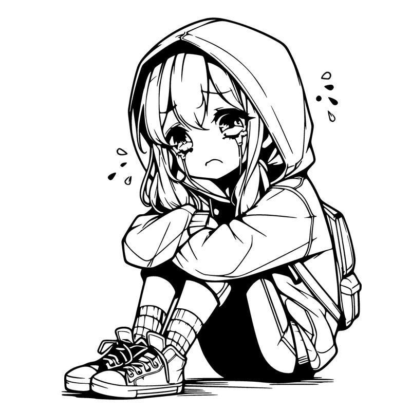 realistic anime girl crying on the floor in a hoodie and with a ponytail