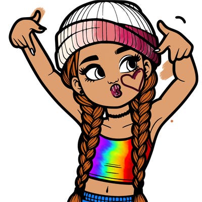 realistic teenage girl with braids and a beanie and crop top doing 🫶🏼
