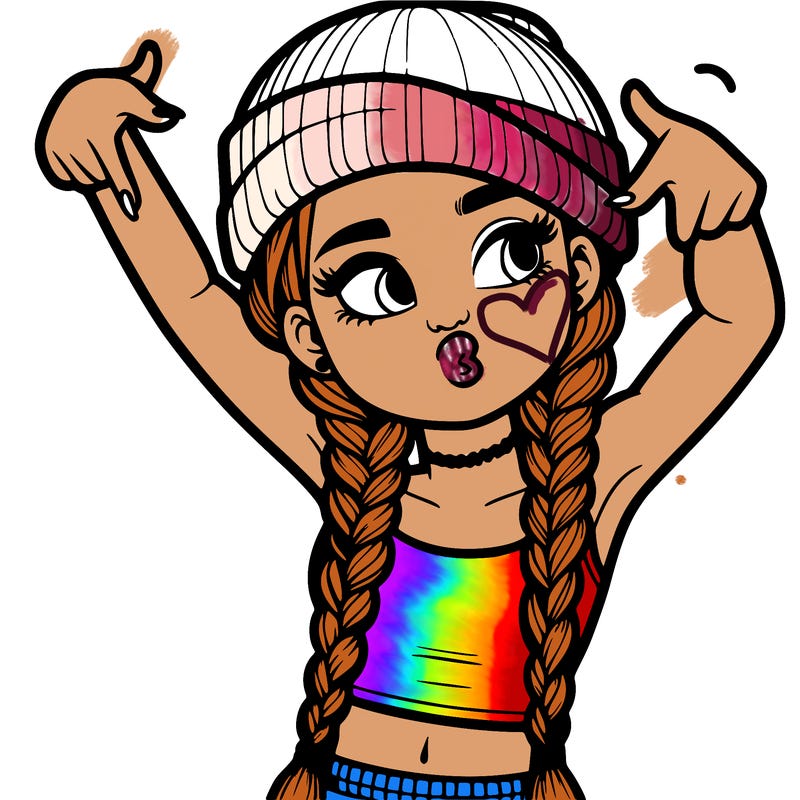 realistic teenage girl with braids and a beanie and crop top doing 🫶🏼