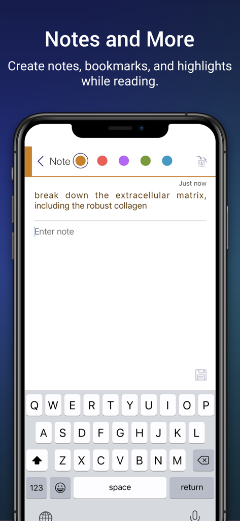 AAO eBooks - iPhone interface of AAO eBooks app showing note taking and color coded highlighting features for medical studies