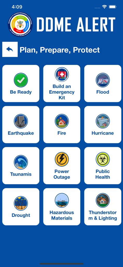 DDME Alert - Oberfläche der DDME Alert-App mit Symbolen für verschiedene Notfallarten, einschließlich Hurrikan, Überschwemmung und Erdbeben