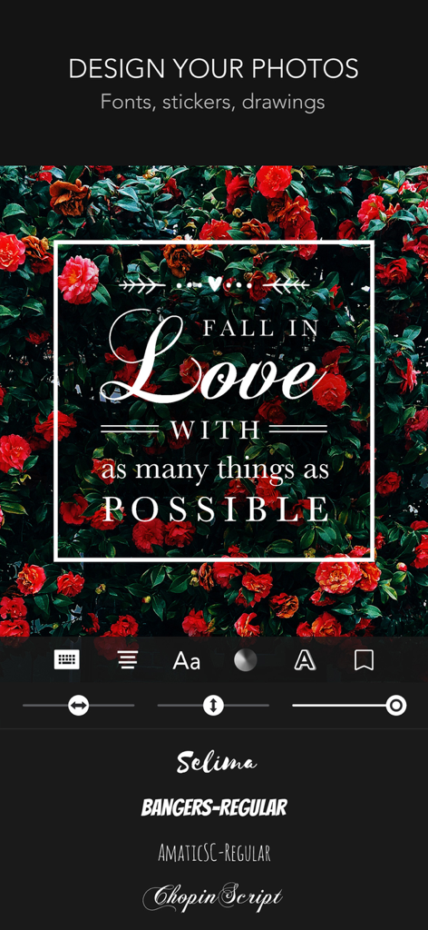 Interfaz del editor de fotos PICSPLAY 2 mostrando herramientas de tipografía y diseño sobre una imagen floral.