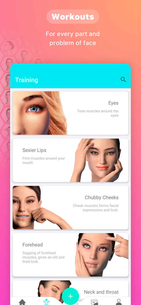The training screen of the Face Exercise Facial Yoga Pro app listing workouts for eyes, lips, cheeks, and forehead.