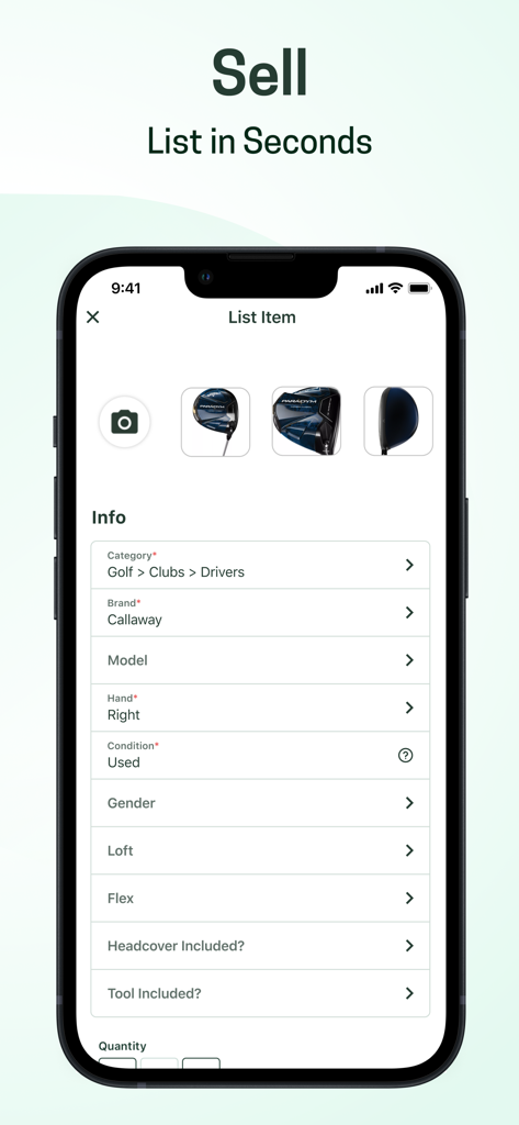 Interface for listing used sports gear for sale on the SidelineSwap app