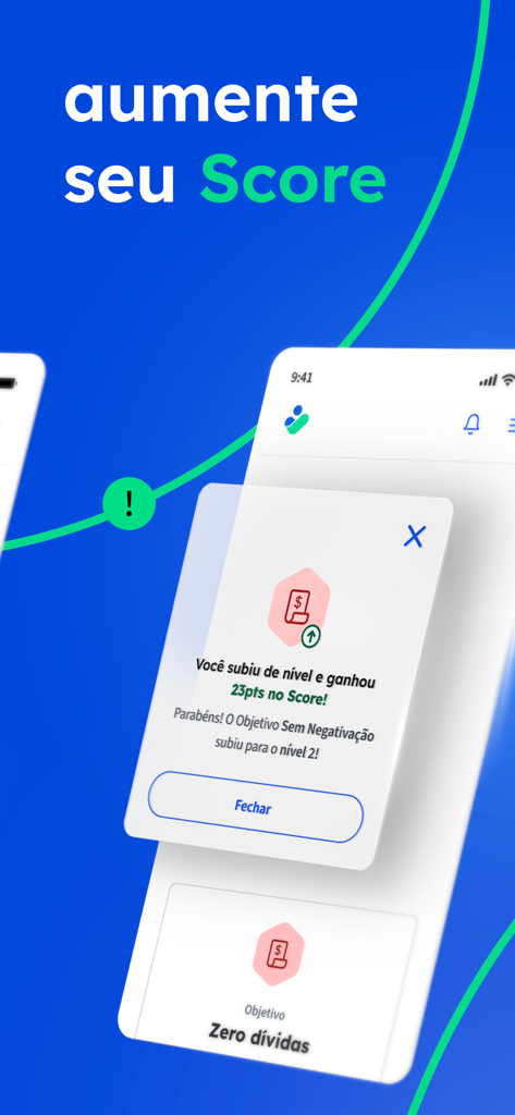 Consumidor Positivo - Consumidor Positivo app interface displaying a credit score increase notification and financial objectives like zero debt