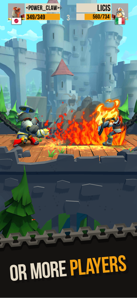 Two knights engaging in a PvP battle with fire skill effects in front of a medieval castle