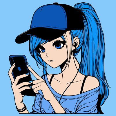 realistic girl with a long ponytail and trucker hat holding an iphone