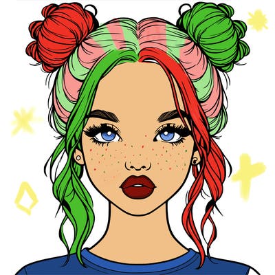 realistic girl with two buns in hair and lips