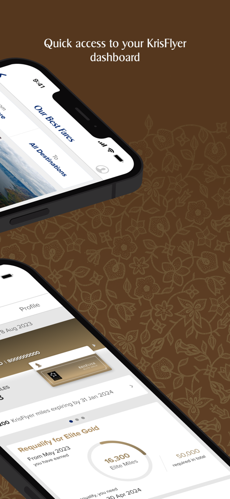 Singapore Airlines - iPhone上のエリートゴールドメンバーシップステータスと現在のマイルを表示するクリスフライヤーロイヤルティダッシュボードを示すシンガポール航空モバイルアプリインターフェイス。