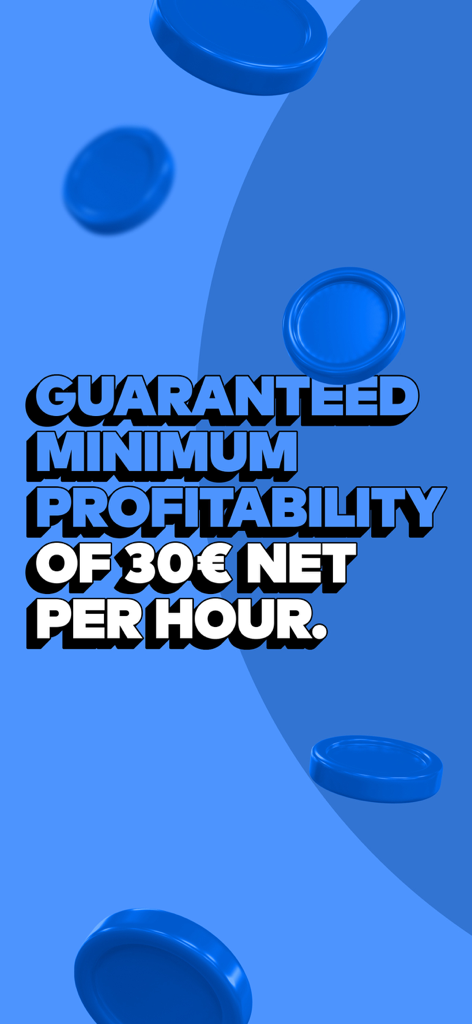 Heetch Pro - app for drivers - Heetch Pro driver app screenshot showing a text that reads guaranteed minimum profitability of 30 euros net per hour with blue coins floating on a blue background