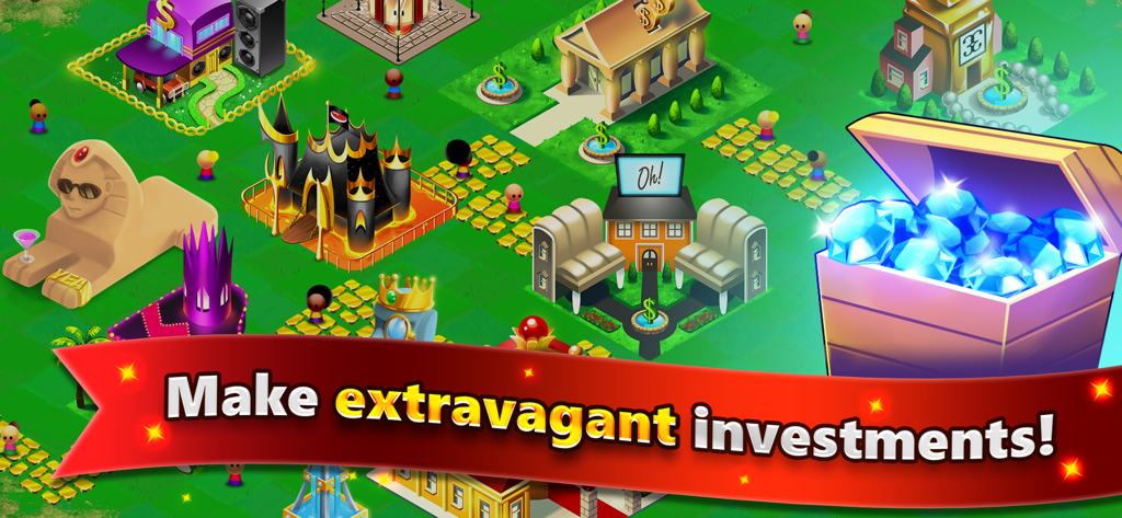 Uma cidade de desenho animado apresentando edifícios extravagantes e um baú de diamantes azuis