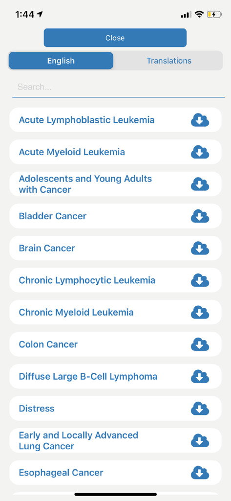List of various cancer guides available for download in English within the NCCN mobile app
