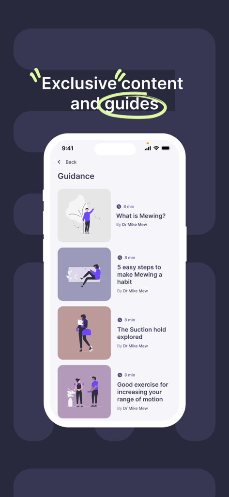 Mewing by Dr Mike Mew - The guidance screen of the Mewing app showing a list of instructional videos by Dr. Mike Mew including What is Mewing and Mewing habits.