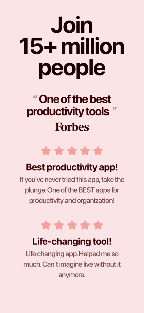 Forbes 인용문과 별 다섯 개 사용자 추천사가 포함된 Structured 앱의 소셜 증명.