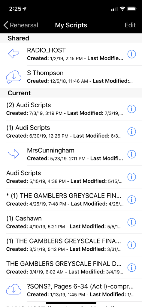 The My Scripts list interface in the Rehearsal Pro app showing a collection of organized script files.