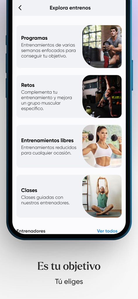 BeJao - Pantalla móvil de la aplicación BeJao mostrando diferentes categorías de entrenamiento como programas, desafíos y clases guiadas