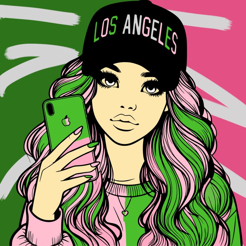 realistic beautiful girl wearing los ángeles cap holding an iphone